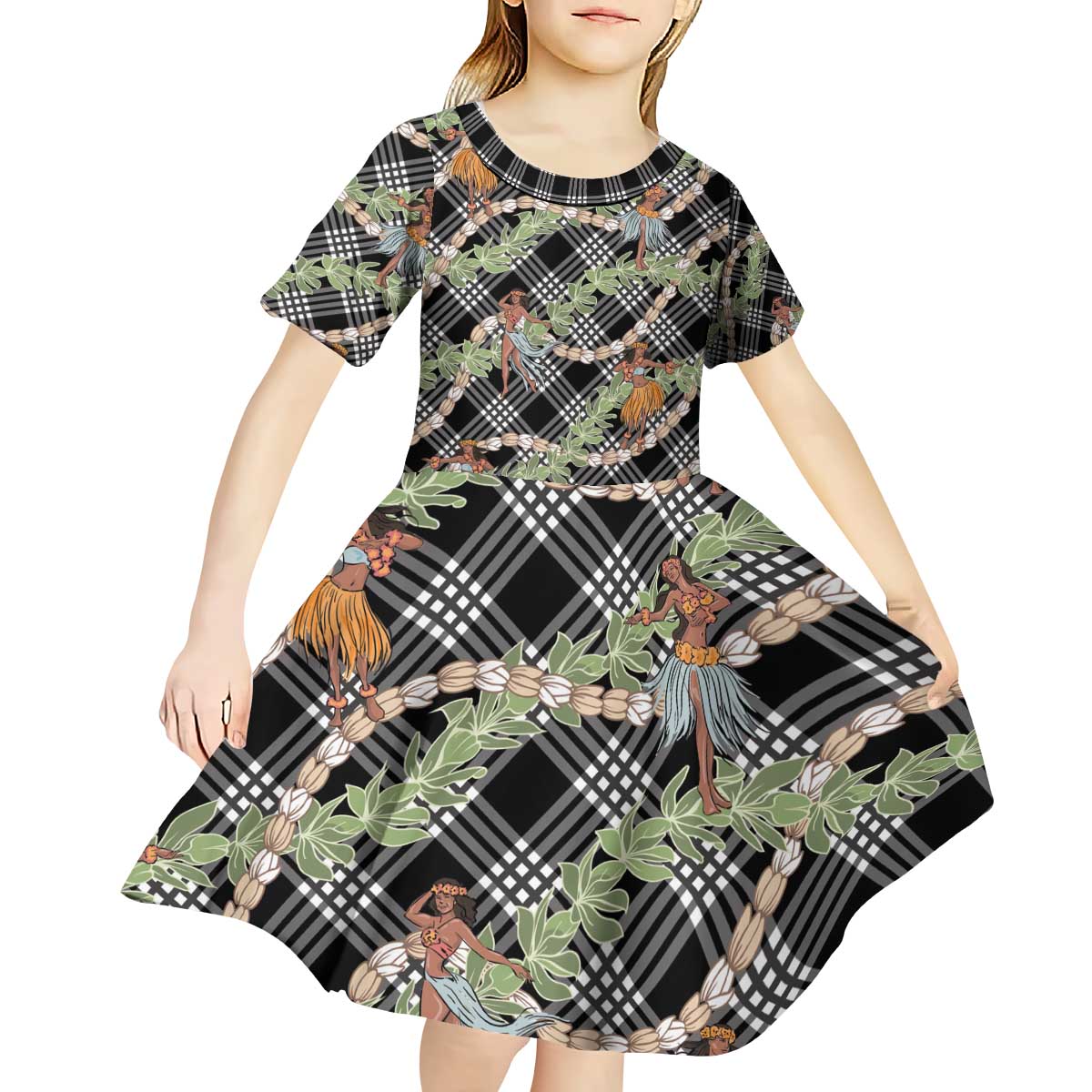 Sable Palaka Hula Girls Seamless Hawaii Aloha Kid Short Sleeve Dress - Polynesian Pride