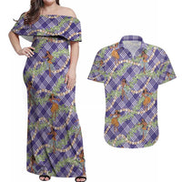 Lavender Palaka Hula Girls Seamless Hawaii Aloha Couples Matching Off Shoulder Maxi Dress and Hawaiian Shirt - Polynesian Pride