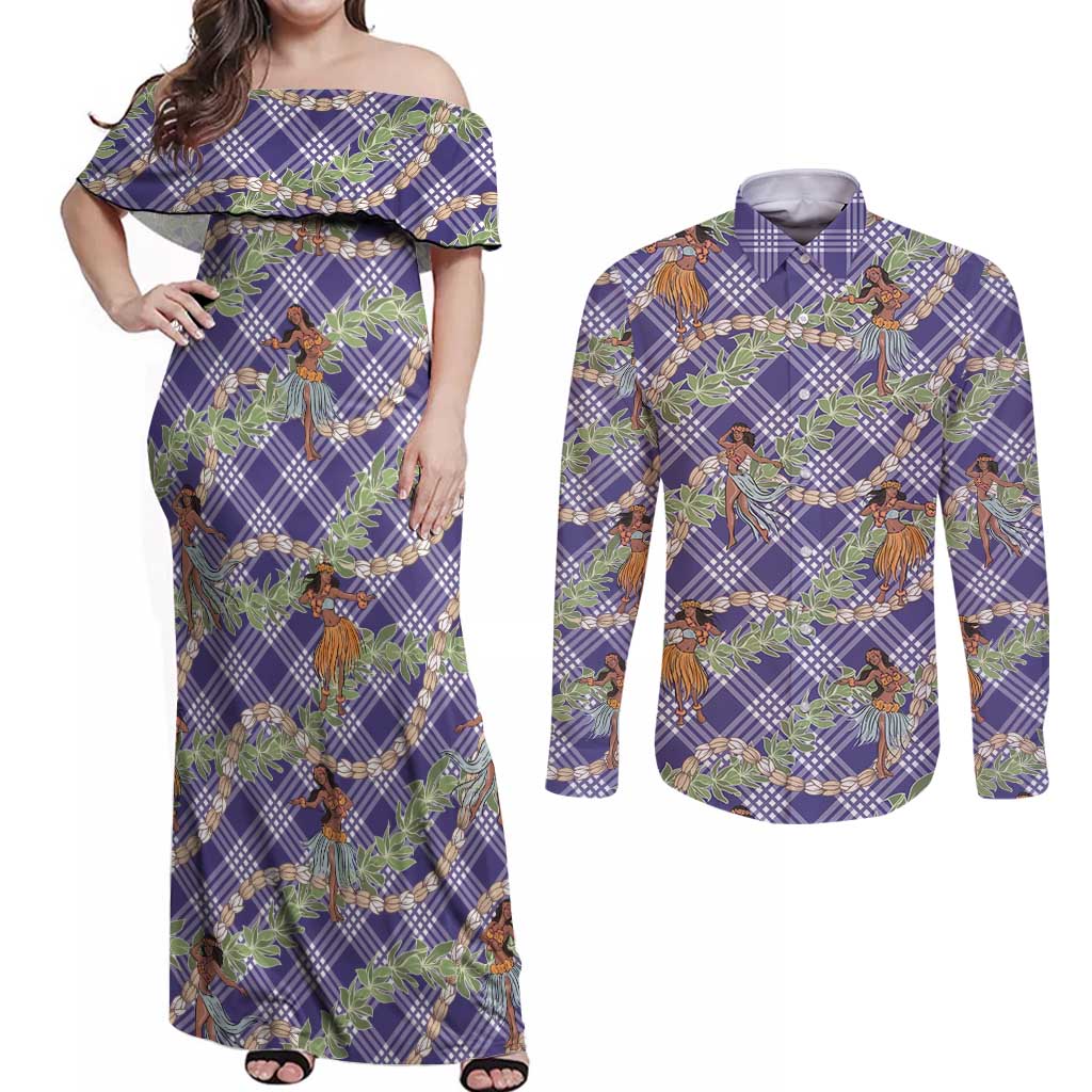 Lavender Palaka Hula Girls Seamless Hawaii Aloha Couples Matching Off Shoulder Maxi Dress and Long Sleeve Button Shirt - Polynesian Pride