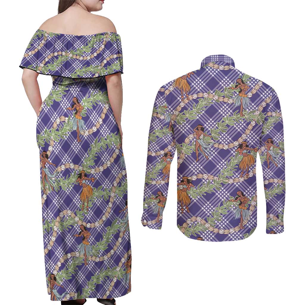 Lavender Palaka Hula Girls Seamless Hawaii Aloha Couples Matching Off Shoulder Maxi Dress and Long Sleeve Button Shirt - Polynesian Pride