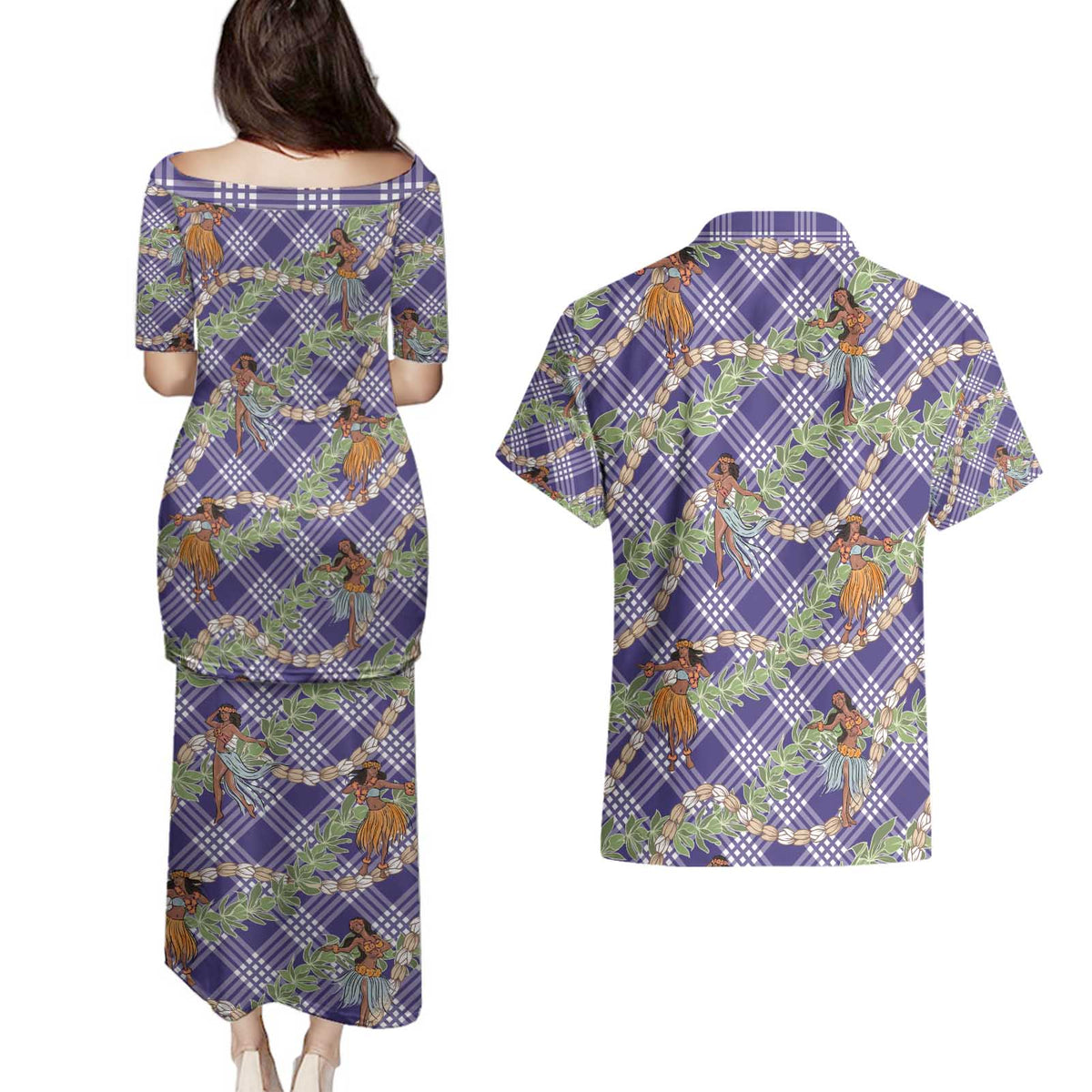 Lavender Palaka Hula Girls Seamless Hawaii Aloha Couples Matching Puletasi and Hawaiian Shirt - Polynesian Pride