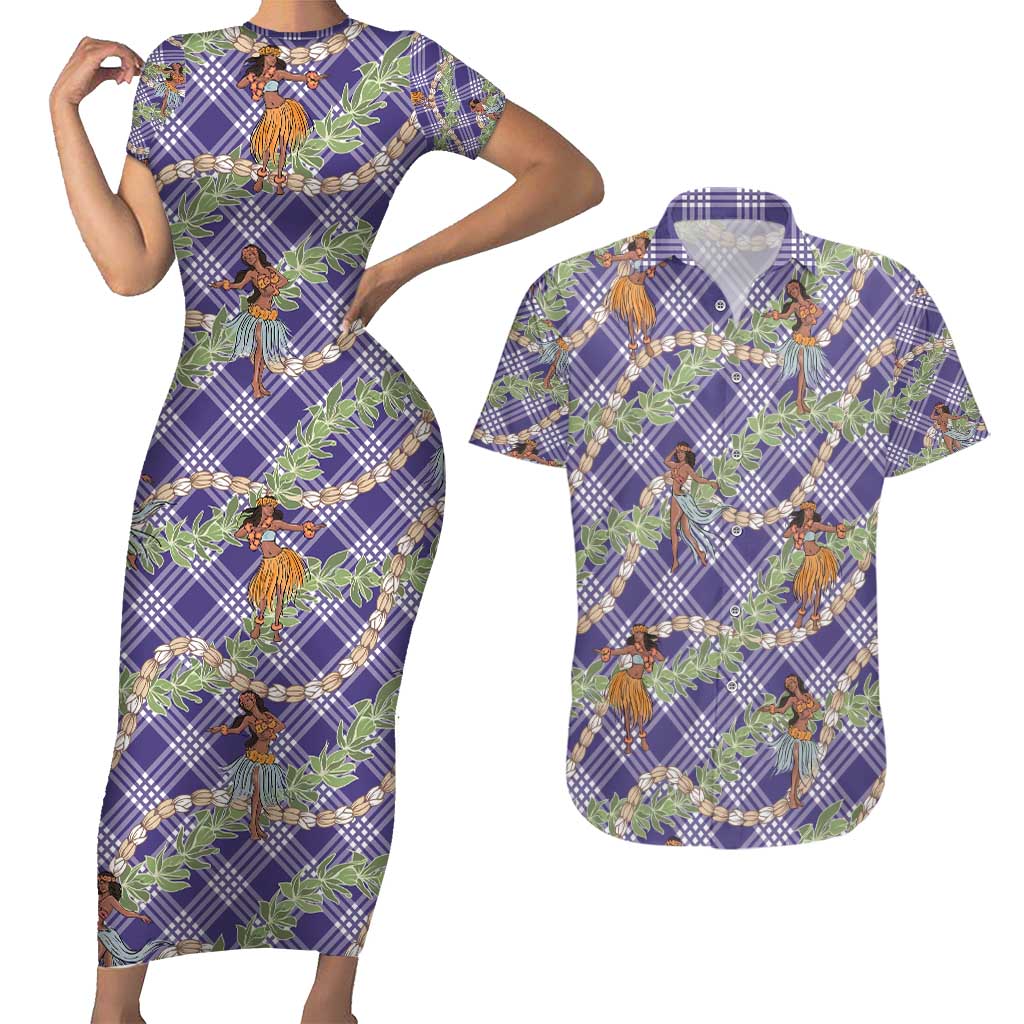Lavender Palaka Hula Girls Seamless Hawaii Aloha Couples Matching Short Sleeve Bodycon Dress and Hawaiian Shirt - Polynesian Pride