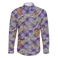 Lavender Palaka Hula Girls Seamless Hawaii Aloha Family Matching Off Shoulder Short Dress and Hawaiian Shirt - Polynesian Pride