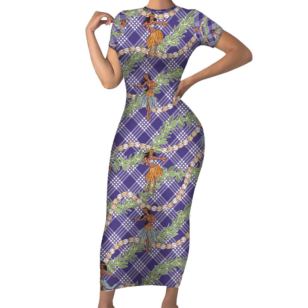 Lavender Palaka Hula Girls Seamless Hawaii Aloha Family Matching Short Sleeve Bodycon Dress and Hawaiian Shirt - Polynesian Pride
