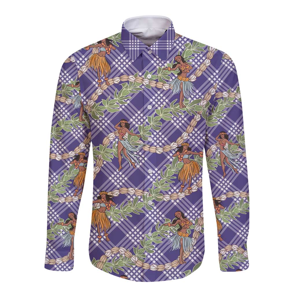 Lavender Palaka Hula Girls Seamless Hawaii Aloha Long Sleeve Button Shirt - Polynesian Pride