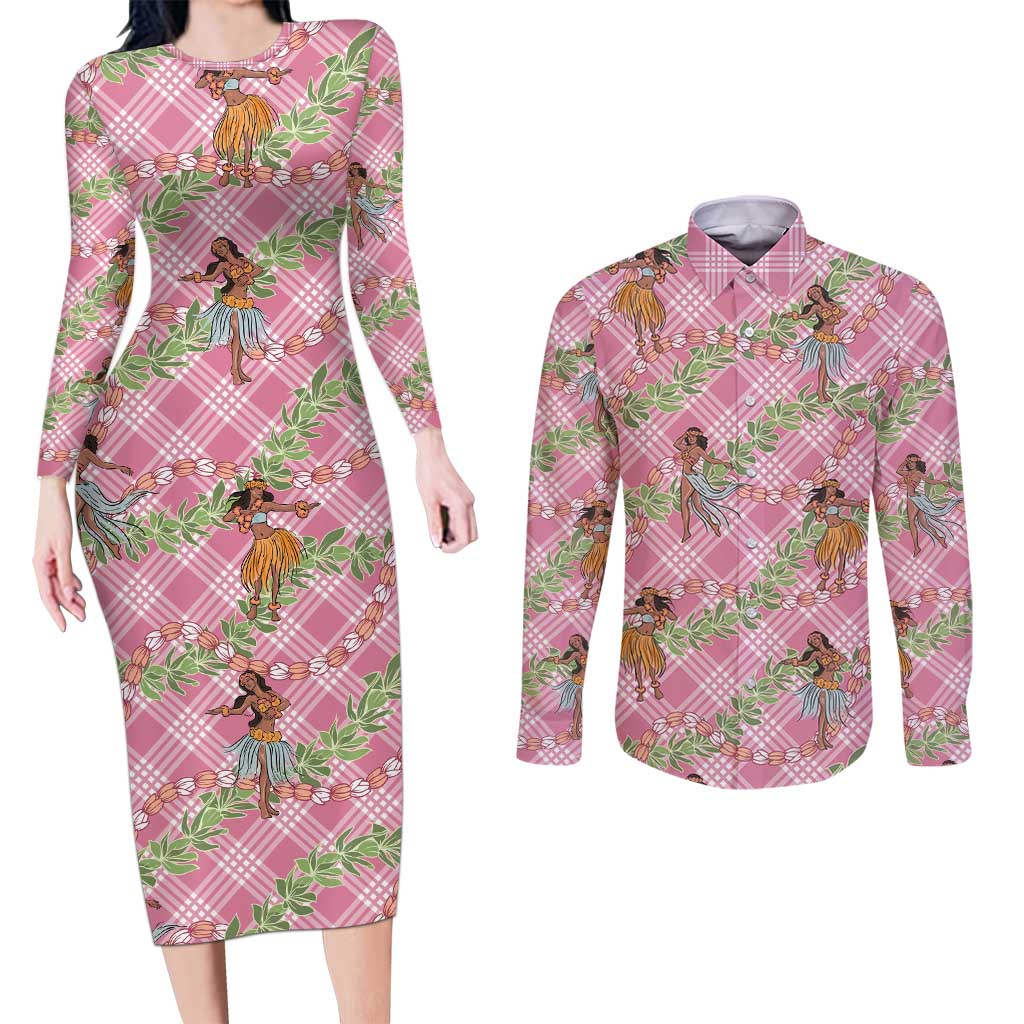 Lokelani Pink Palaka Hula Girls Seamless Hawaii Aloha Couples Matching Long Sleeve Bodycon Dress and Long Sleeve Button Shirt - Polynesian Pride