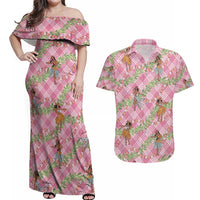 Lokelani Pink Palaka Hula Girls Seamless Hawaii Aloha Couples Matching Off Shoulder Maxi Dress and Hawaiian Shirt - Polynesian Pride
