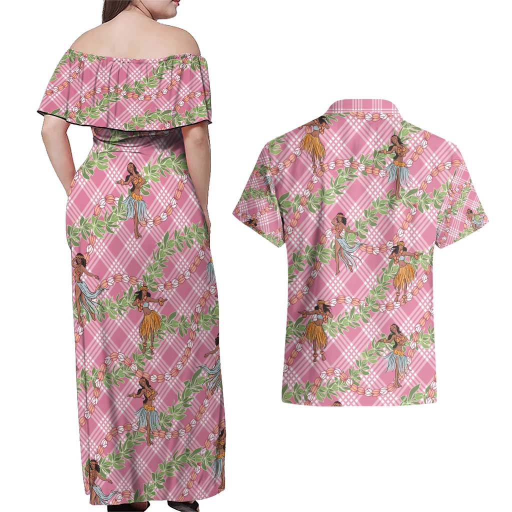 Lokelani Pink Palaka Hula Girls Seamless Hawaii Aloha Couples Matching Off Shoulder Maxi Dress and Hawaiian Shirt - Polynesian Pride
