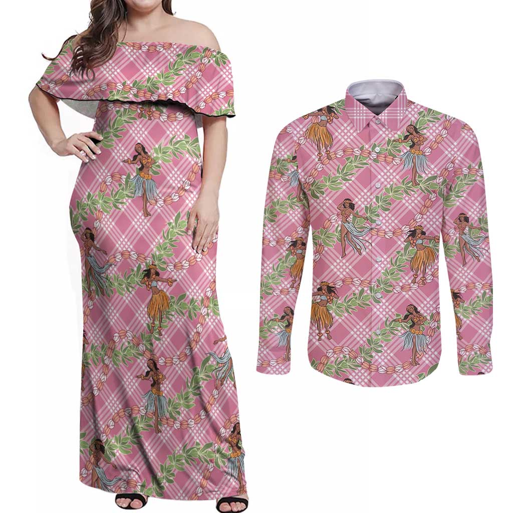 Lokelani Pink Palaka Hula Girls Seamless Hawaii Aloha Couples Matching Off Shoulder Maxi Dress and Long Sleeve Button Shirt - Polynesian Pride