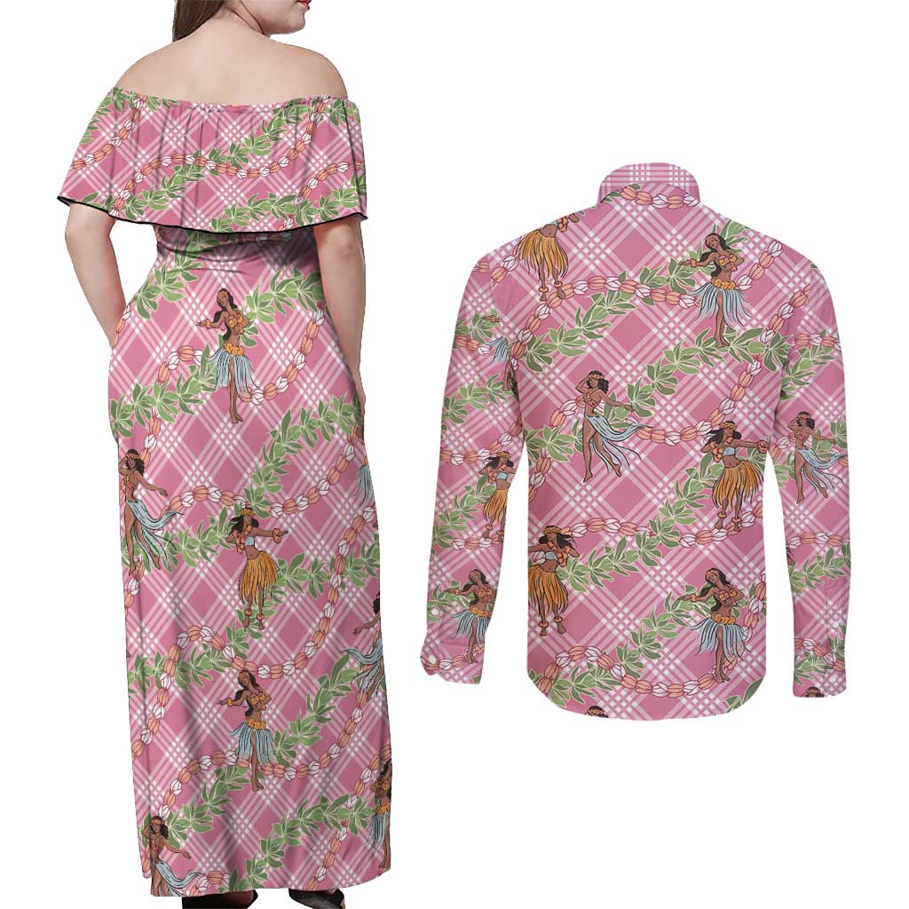 Lokelani Pink Palaka Hula Girls Seamless Hawaii Aloha Couples Matching Off Shoulder Maxi Dress and Long Sleeve Button Shirt - Polynesian Pride
