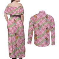 Lokelani Pink Palaka Hula Girls Seamless Hawaii Aloha Couples Matching Off Shoulder Maxi Dress and Long Sleeve Button Shirt - Polynesian Pride