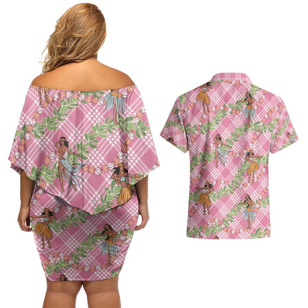 Lokelani Pink Palaka Hula Girls Seamless Hawaii Aloha Couples Matching Off Shoulder Short Dress and Hawaiian Shirt - Polynesian Pride