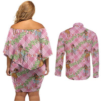 Lokelani Pink Palaka Hula Girls Seamless Hawaii Aloha Couples Matching Off Shoulder Short Dress and Long Sleeve Button Shirt - Polynesian Pride