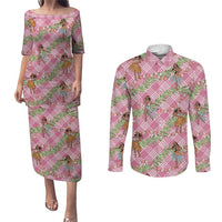 Lokelani Pink Palaka Hula Girls Seamless Hawaii Aloha Couples Matching Puletasi and Long Sleeve Button Shirt - Polynesian Pride