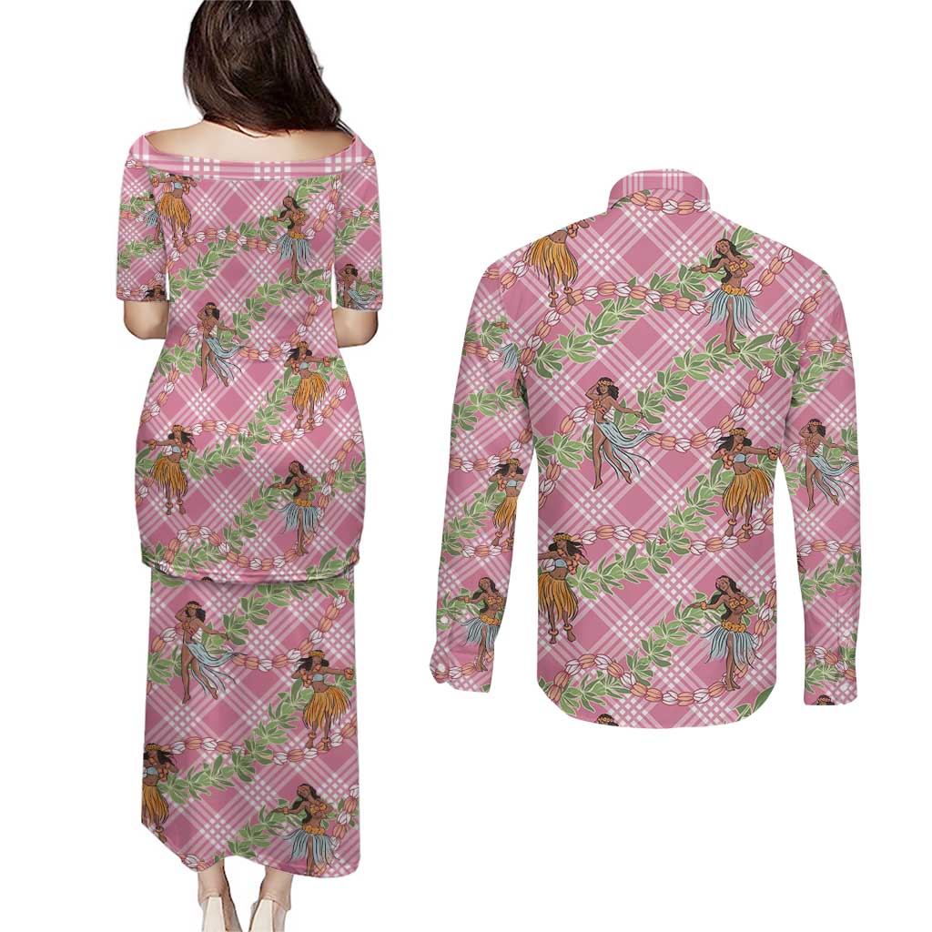 Lokelani Pink Palaka Hula Girls Seamless Hawaii Aloha Couples Matching Puletasi and Long Sleeve Button Shirt - Polynesian Pride