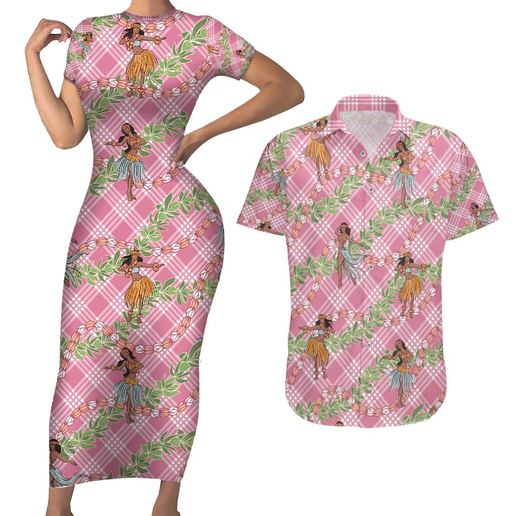 Lokelani Pink Palaka Hula Girls Seamless Hawaii Aloha Couples Matching Short Sleeve Bodycon Dress and Hawaiian Shirt - Polynesian Pride