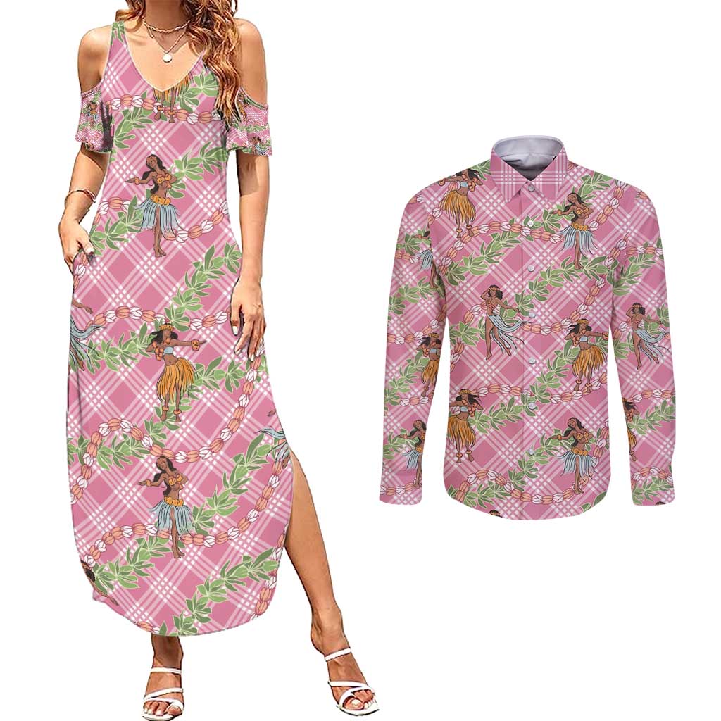Lokelani Pink Palaka Hula Girls Seamless Hawaii Aloha Couples Matching Summer Maxi Dress and Long Sleeve Button Shirt - Polynesian Pride