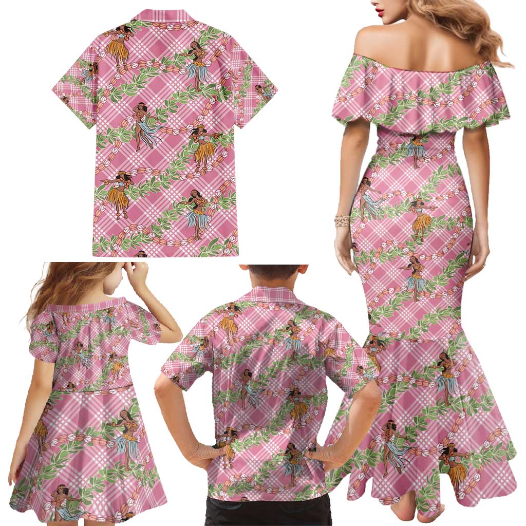 Lokelani Pink Palaka Hula Girls Seamless Hawaii Aloha Family Matching Mermaid Dress and Hawaiian Shirt - Polynesian Pride