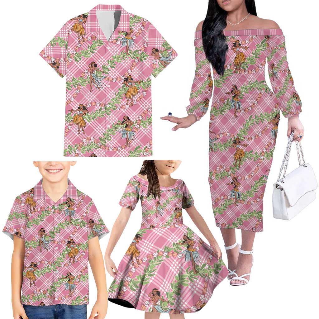 Lokelani Pink Palaka Hula Girls Seamless Hawaii Aloha Family Matching Off The Shoulder Long Sleeve Dress and Hawaiian Shirt LT7 - Polynesian Pride