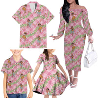 Lokelani Pink Palaka Hula Girls Seamless Hawaii Aloha Family Matching Off The Shoulder Long Sleeve Dress and Hawaiian Shirt - Polynesian Pride
