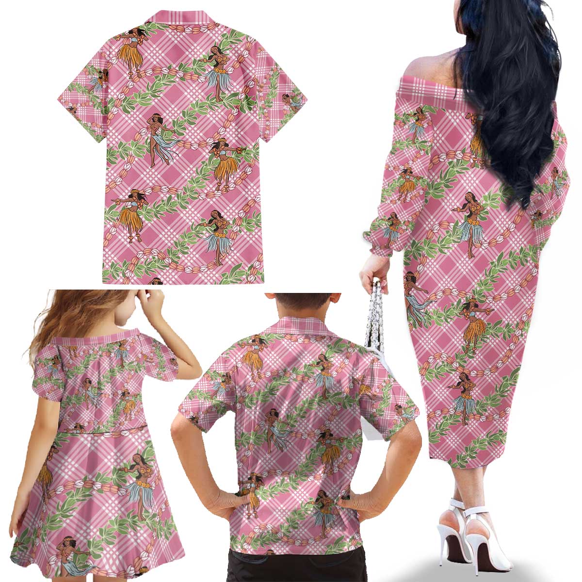 Lokelani Pink Palaka Hula Girls Seamless Hawaii Aloha Family Matching Off The Shoulder Long Sleeve Dress and Hawaiian Shirt - Polynesian Pride