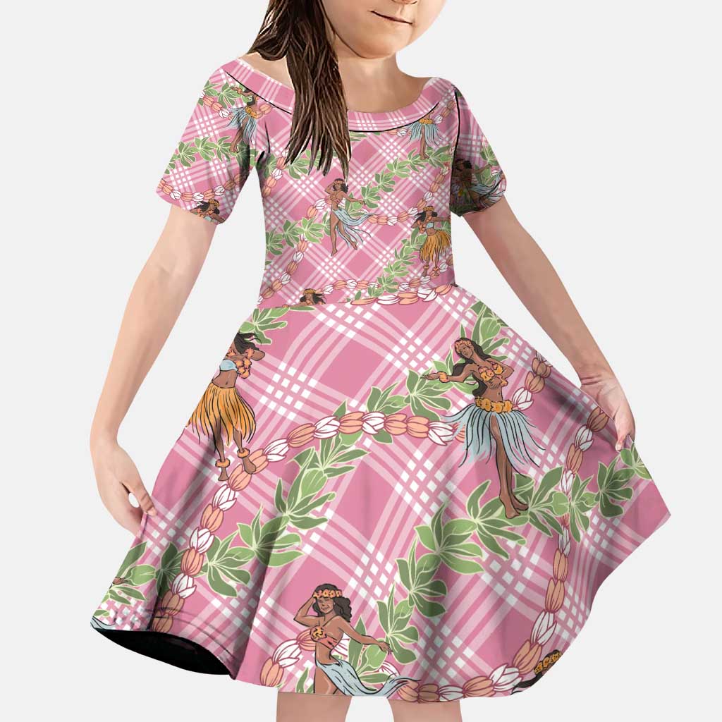 Lokelani Pink Palaka Hula Girls Seamless Hawaii Aloha Family Matching Off Shoulder Maxi Dress and Hawaiian Shirt LT7 Daughter's Dress Pink - Polynesian Pride