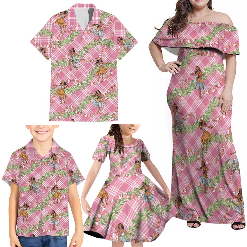 Lokelani Pink Palaka Hula Girls Seamless Hawaii Aloha Family Matching Off Shoulder Maxi Dress and Hawaiian Shirt LT7 - Polynesian Pride