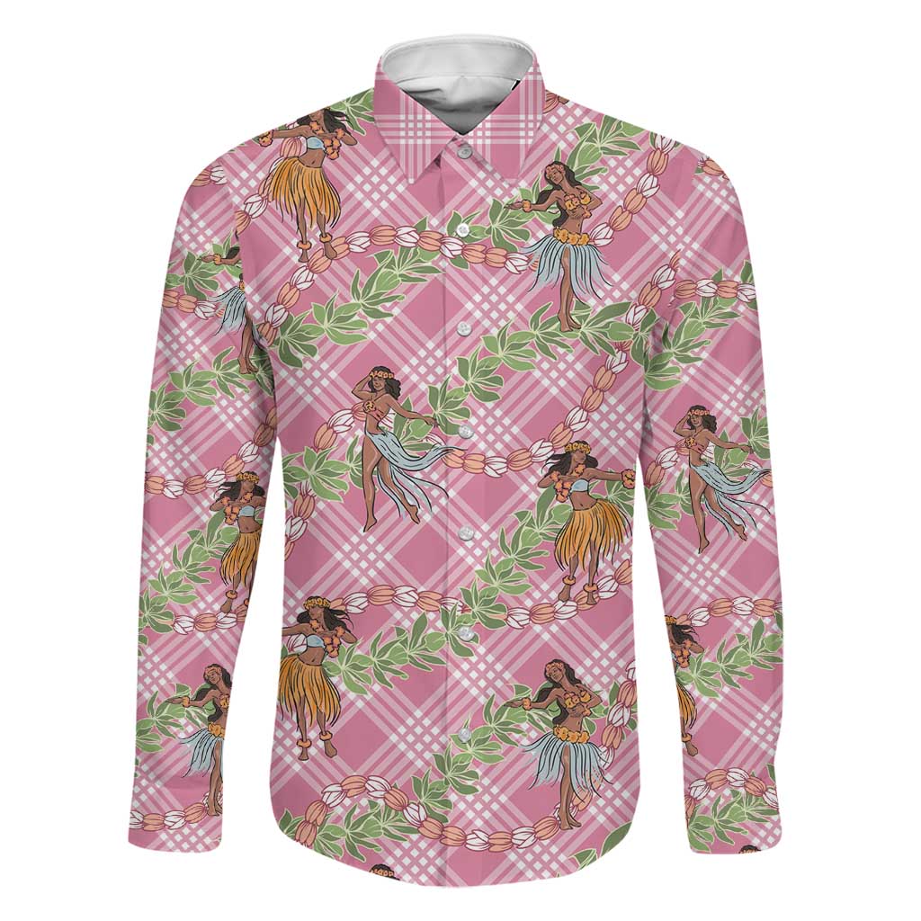 Lokelani Pink Palaka Hula Girls Seamless Hawaii Aloha Family Matching Off Shoulder Maxi Dress and Hawaiian Shirt LT7 Dad's Shirt - Long Sleeve Pink - Polynesian Pride
