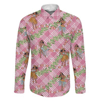 Lokelani Pink Palaka Hula Girls Seamless Hawaii Aloha Family Matching Off Shoulder Maxi Dress and Hawaiian Shirt LT7 Dad's Shirt - Long Sleeve Pink - Polynesian Pride