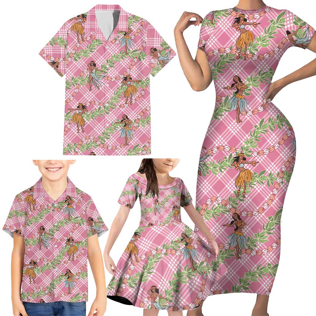 Lokelani Pink Palaka Hula Girls Seamless Hawaii Aloha Family Matching Short Sleeve Bodycon Dress and Hawaiian Shirt LT7 - Polynesian Pride
