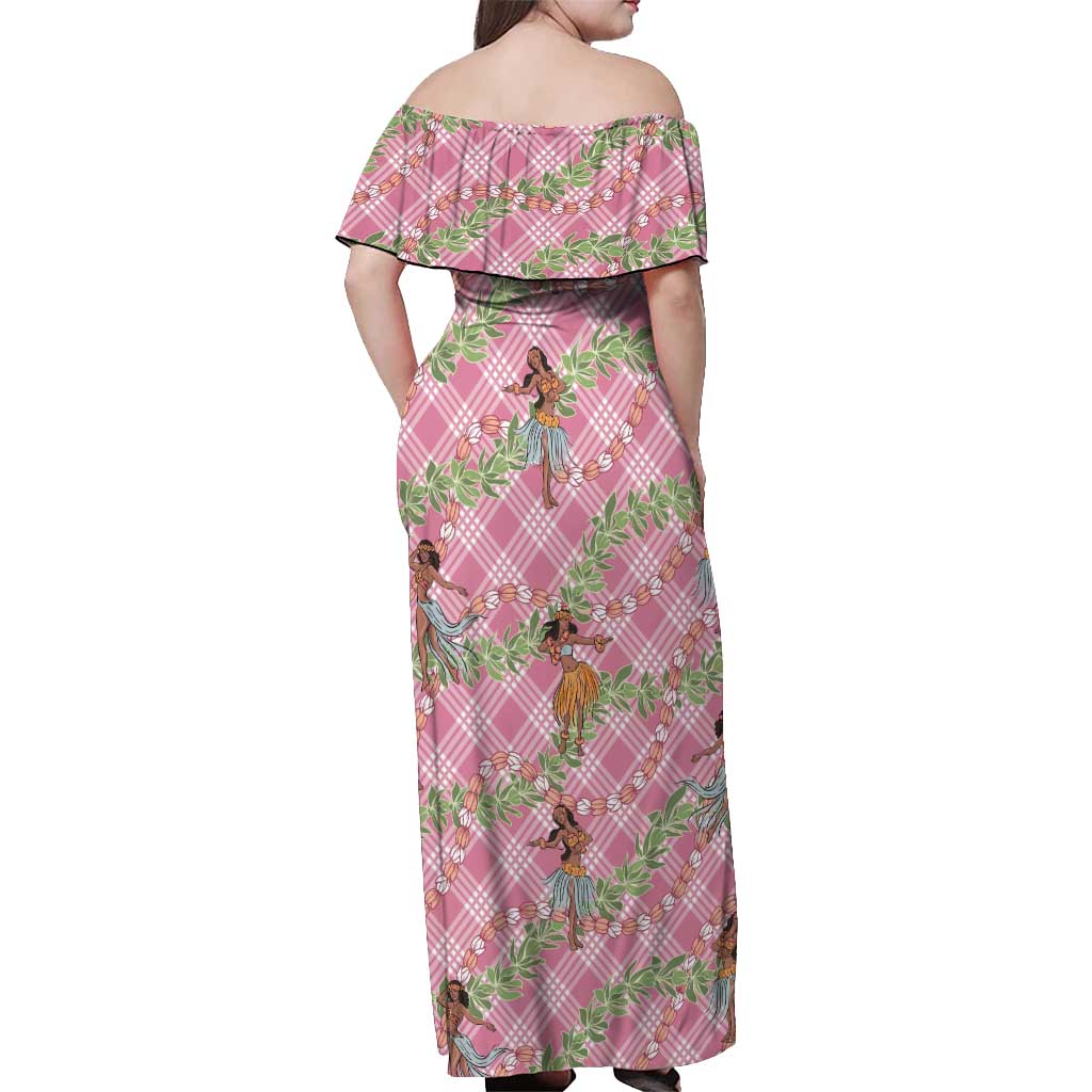 Lokelani Pink Palaka Hula Girls Seamless Hawaii Aloha Off Shoulder Maxi Dress - Polynesian Pride