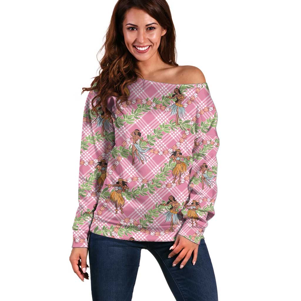 Lokelani Pink Palaka Hula Girls Seamless Hawaii Aloha Off Shoulder Sweater LT7 Women Pink - Polynesian Pride