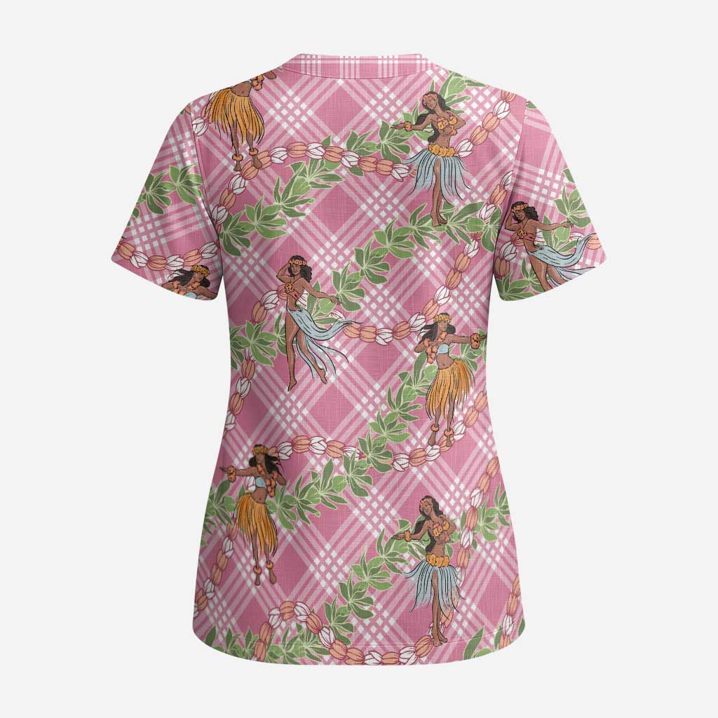 Lokelani Pink Palaka Hula Girls Seamless Hawaii Aloha Scrub Top - Polynesian Pride