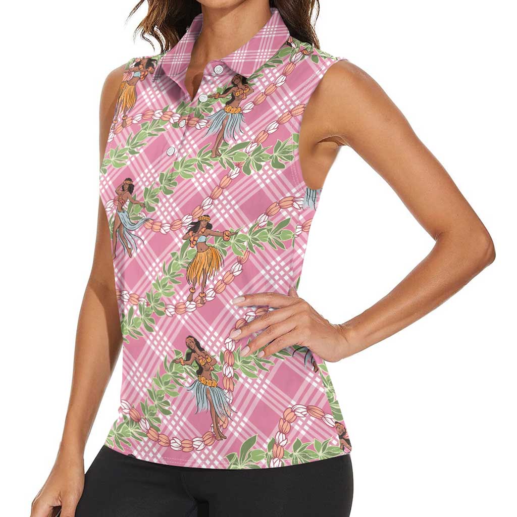 Lokelani Pink Palaka Hula Girls Seamless Hawaii Aloha Women Sleeveless Polo Shirt - Polynesian Pride