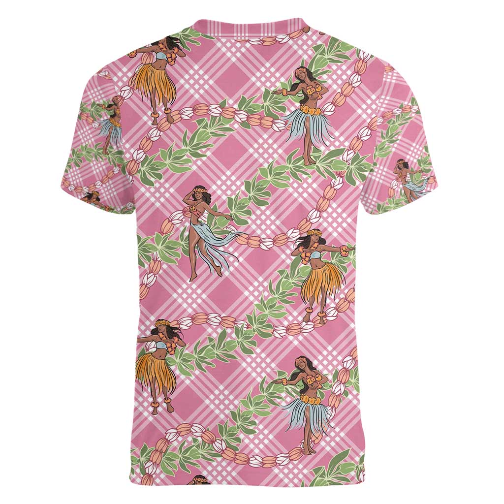 Lokelani Pink Palaka Hula Girls Seamless Hawaii Aloha Women V-Neck T-Shirt - Polynesian Pride