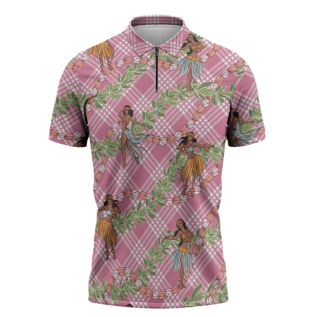 Lokelani Pink Palaka Hula Girls Seamless Hawaii Aloha Zipper Polo Shirt - Polynesian Pride