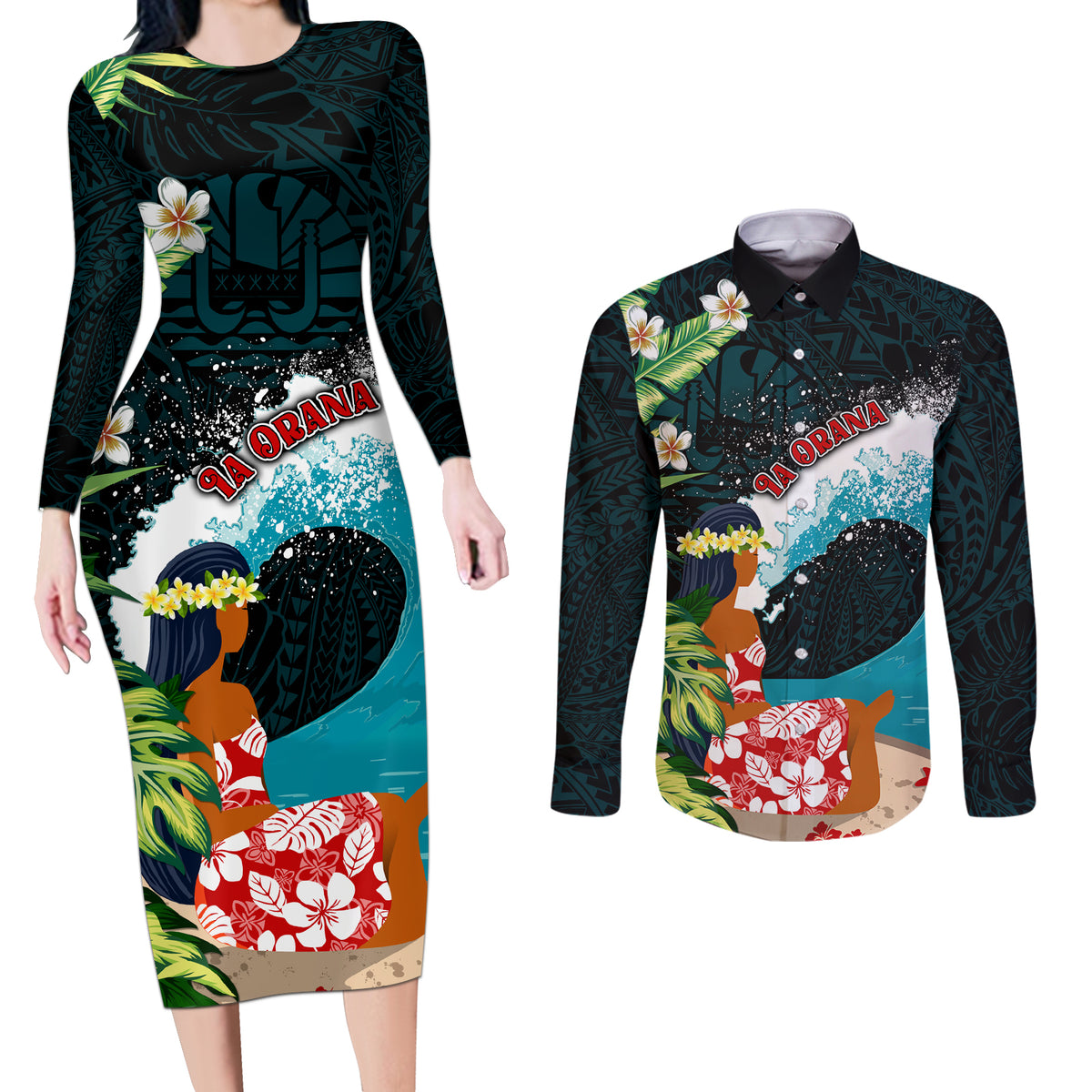 Tahiti Ia Orana Couples Matching Long Sleeve Bodycon Dress and Long Sleeve Button Shirt Tahitian Vahine LT7 Colorful - Polynesian Pride
