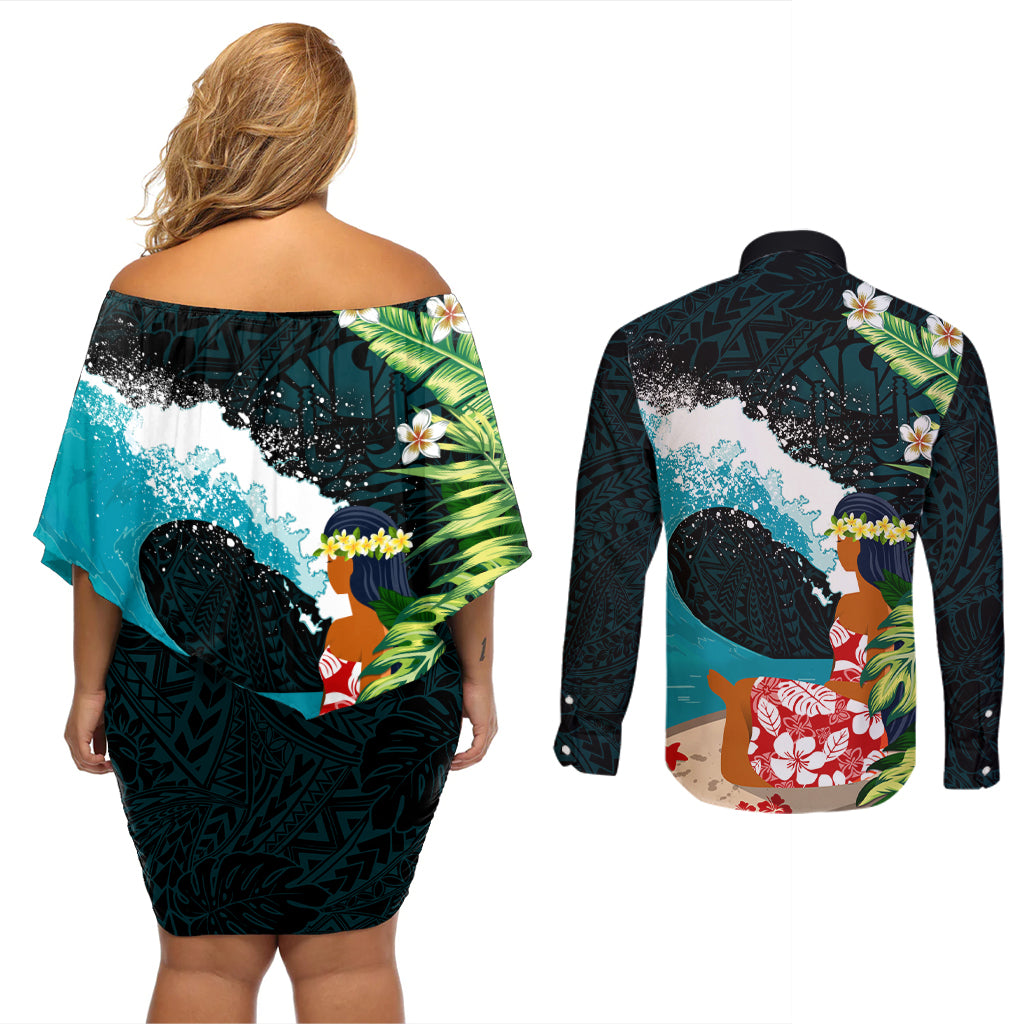 Tahiti Ia Orana Couples Matching Off Shoulder Short Dress and Long Sleeve Button Shirt Tahitian Vahine LT7 - Polynesian Pride