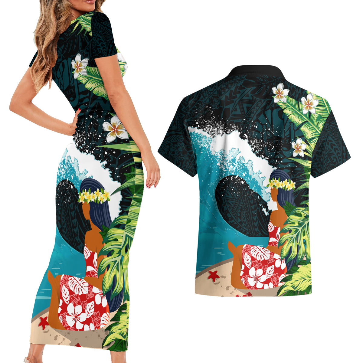 Tahiti Ia Orana Couples Matching Short Sleeve Bodycon Dress and Hawaiian Shirt Tahitian Vahine LT7 - Polynesian Pride