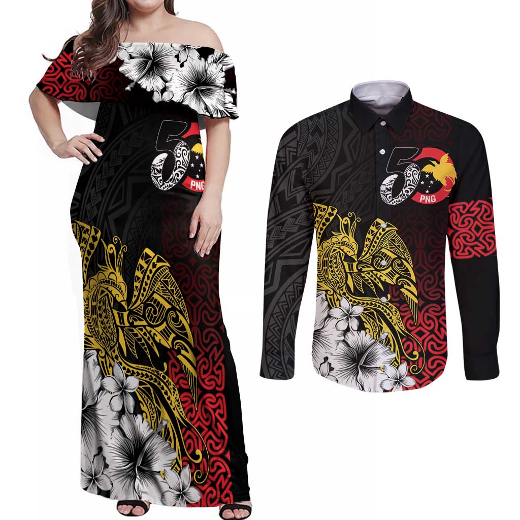 Personalized Papua New Guinea 50th Independence Anniversary Couples Matching Off Shoulder Maxi Dress and Long Sleeve Button Shirt Oro Tapa Mix Plumeria