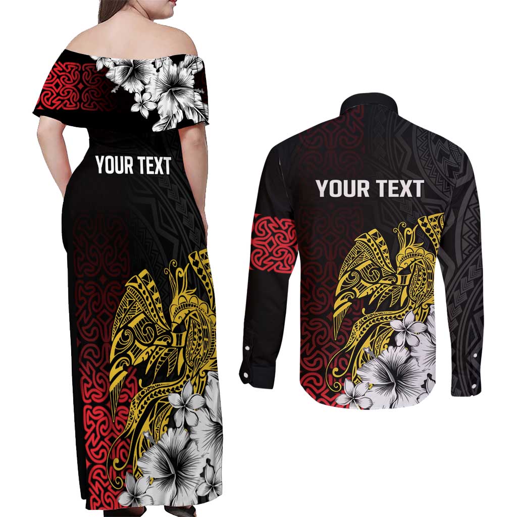 Personalized Papua New Guinea 50th Independence Anniversary Couples Matching Off Shoulder Maxi Dress and Long Sleeve Button Shirt Oro Tapa Mix Plumeria