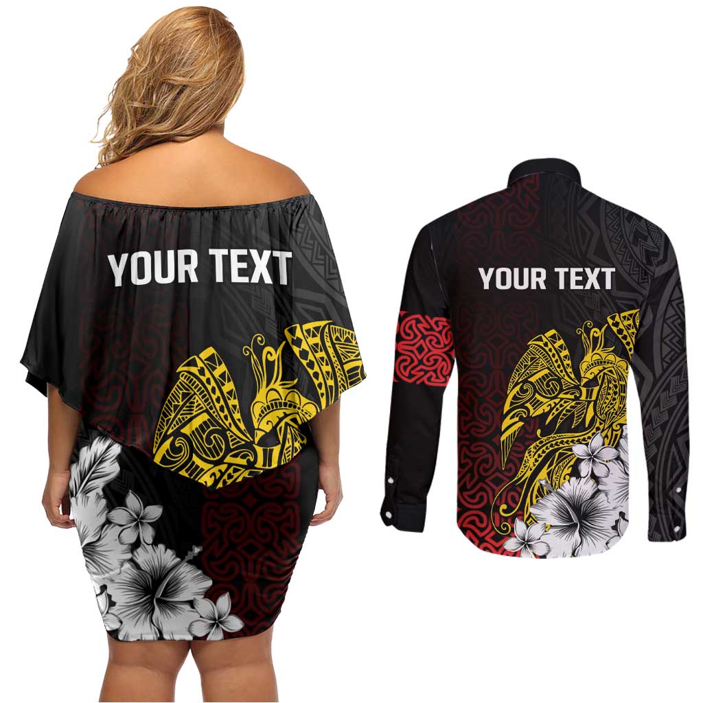 Personalized Papua New Guinea 50th Independence Anniversary Couples Matching Off Shoulder Short Dress and Long Sleeve Button Shirt Oro Tapa Mix Plumeria
