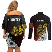 Personalized Papua New Guinea 50th Independence Anniversary Couples Matching Off Shoulder Short Dress and Long Sleeve Button Shirt Oro Tapa Mix Plumeria