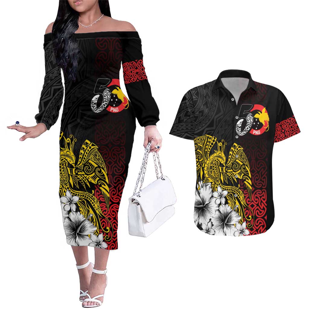 Personalized Papua New Guinea 50th Independence Anniversary Couples Matching Off The Shoulder Long Sleeve Dress and Hawaiian Shirt Oro Tapa Mix Plumeria