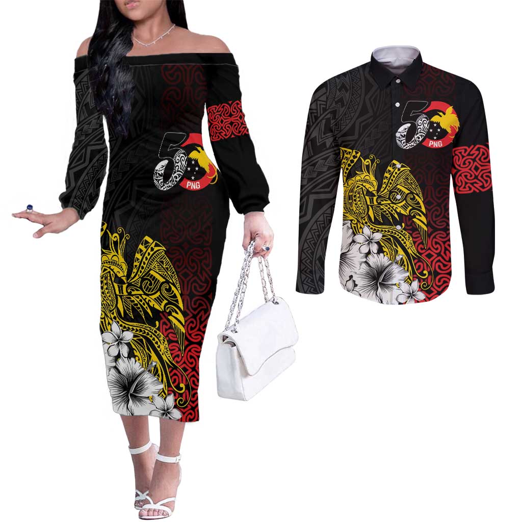 Personalized Papua New Guinea 50th Independence Anniversary Couples Matching Off The Shoulder Long Sleeve Dress and Long Sleeve Button Shirt Oro Tapa Mix Plumeria