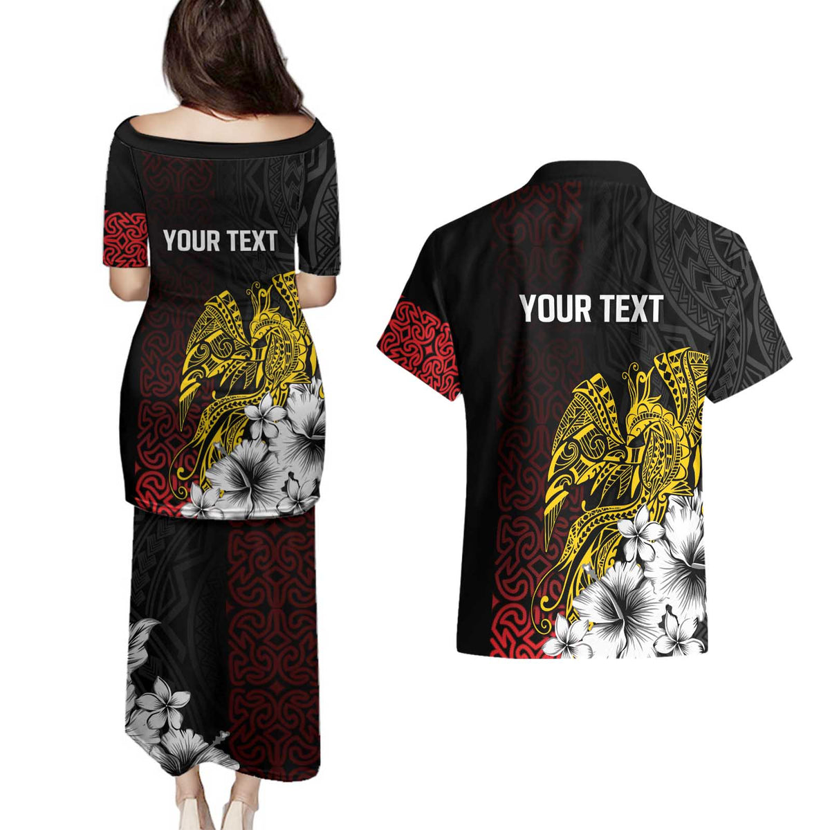 Personalized Papua New Guinea 50th Independence Anniversary Couples Matching Puletasi and Hawaiian Shirt Oro Tapa Mix Plumeria