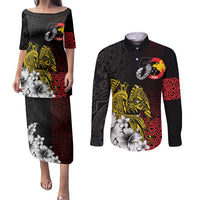 Personalized Papua New Guinea 50th Independence Anniversary Couples Matching Puletasi and Long Sleeve Button Shirt Oro Tapa Mix Plumeria