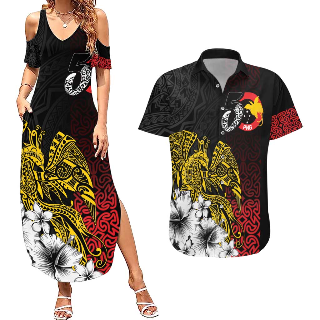 Personalized Papua New Guinea 50th Independence Anniversary Couples Matching Summer Maxi Dress and Hawaiian Shirt Oro Tapa Mix Plumeria