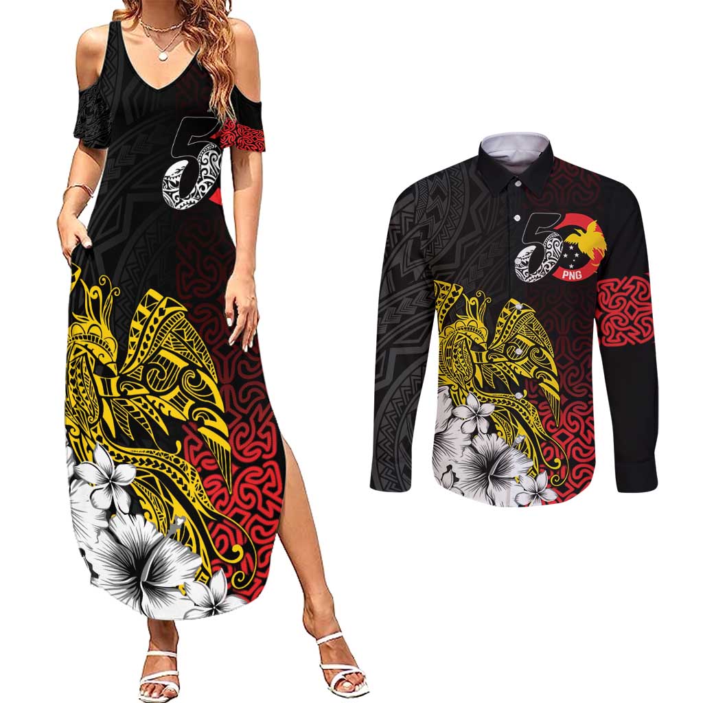Personalized Papua New Guinea 50th Independence Anniversary Couples Matching Summer Maxi Dress and Long Sleeve Button Shirt Oro Tapa Mix Plumeria
