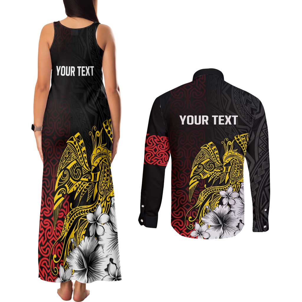 Personalized Papua New Guinea 50th Independence Anniversary Couples Matching Tank Maxi Dress and Long Sleeve Button Shirt Oro Tapa Mix Plumeria